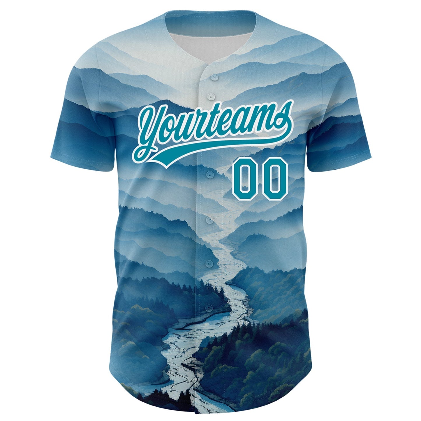 Custom White Teal 3D Pattern Design Mountains Authentic Baseball Jersey baseball jersey product view 2