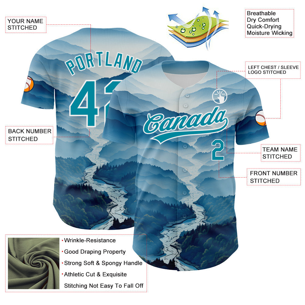 Custom White Teal 3D Pattern Design Mountains Authentic Baseball Jersey baseball jersey product view 3
