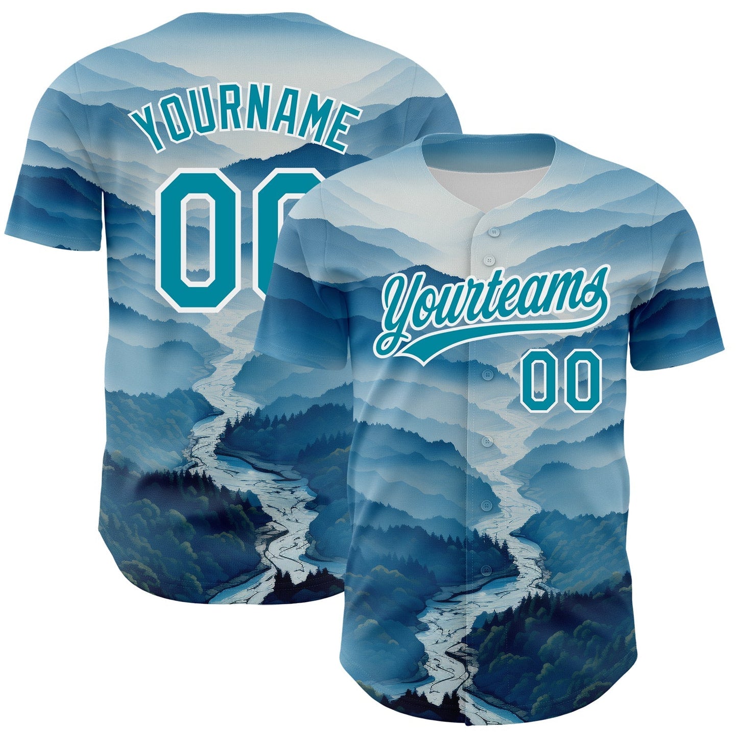 Custom White Teal 3D Pattern Design Mountains Authentic Baseball Jersey baseball jersey product view 1