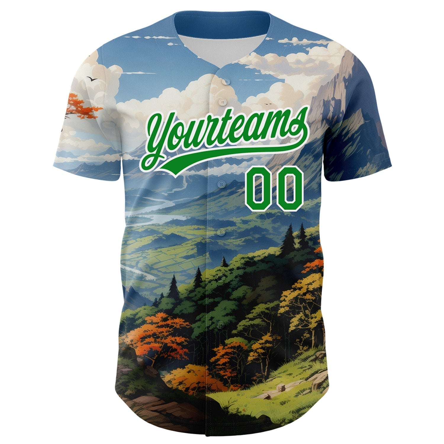 Custom White Grass Green 3D Pattern Design Mountains Landscape Authentic Baseball Jersey baseball jersey product view 2