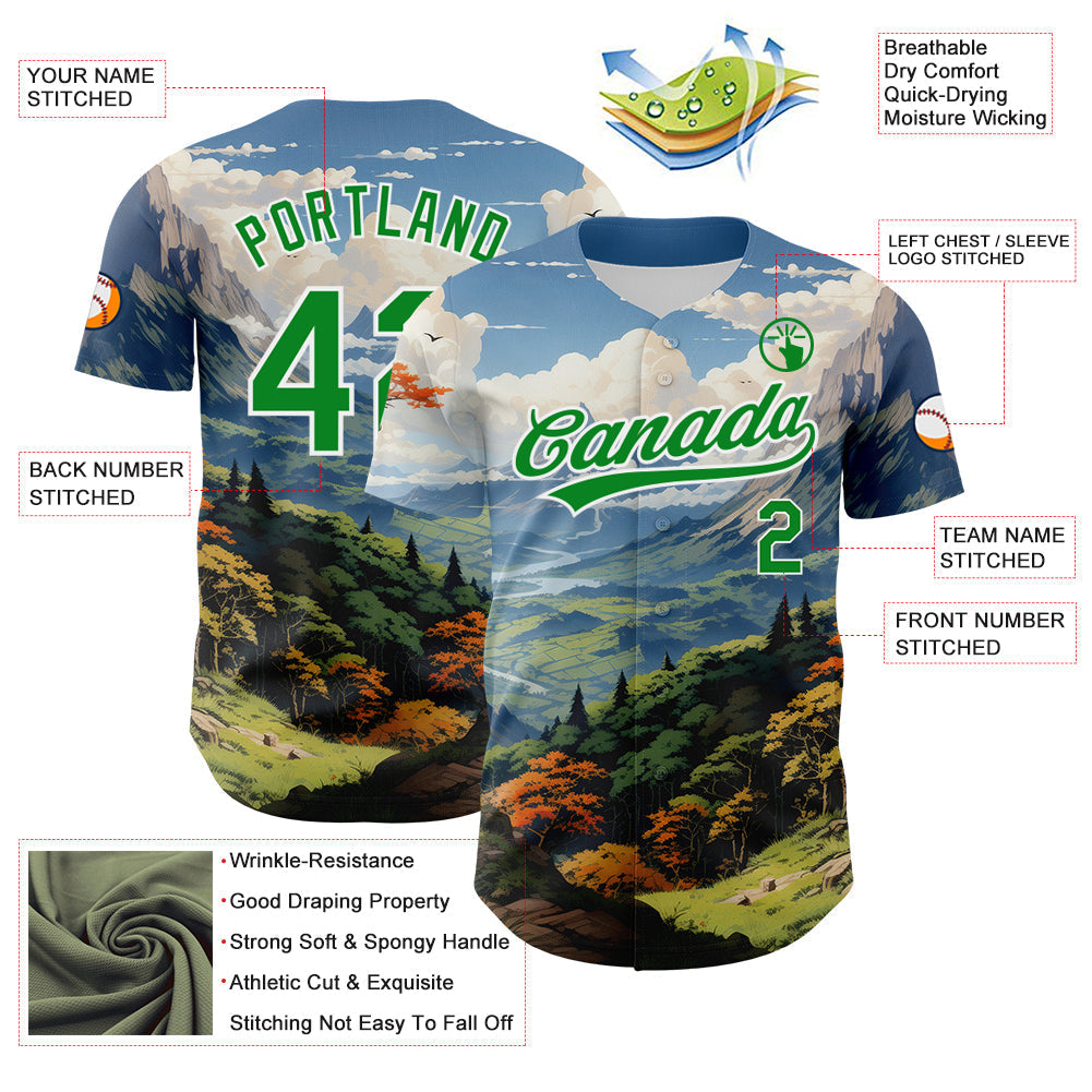 Custom White Grass Green 3D Pattern Design Mountains Landscape Authentic Baseball Jersey baseball jersey product view 3