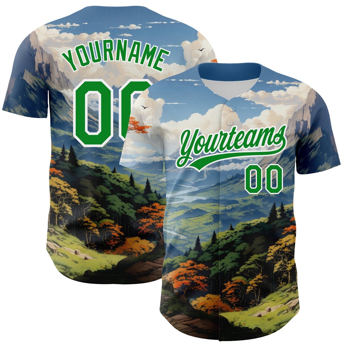 Custom White Grass Green 3D Pattern Design Mountains Landscape Authentic Baseball Jersey baseball jersey product view 1