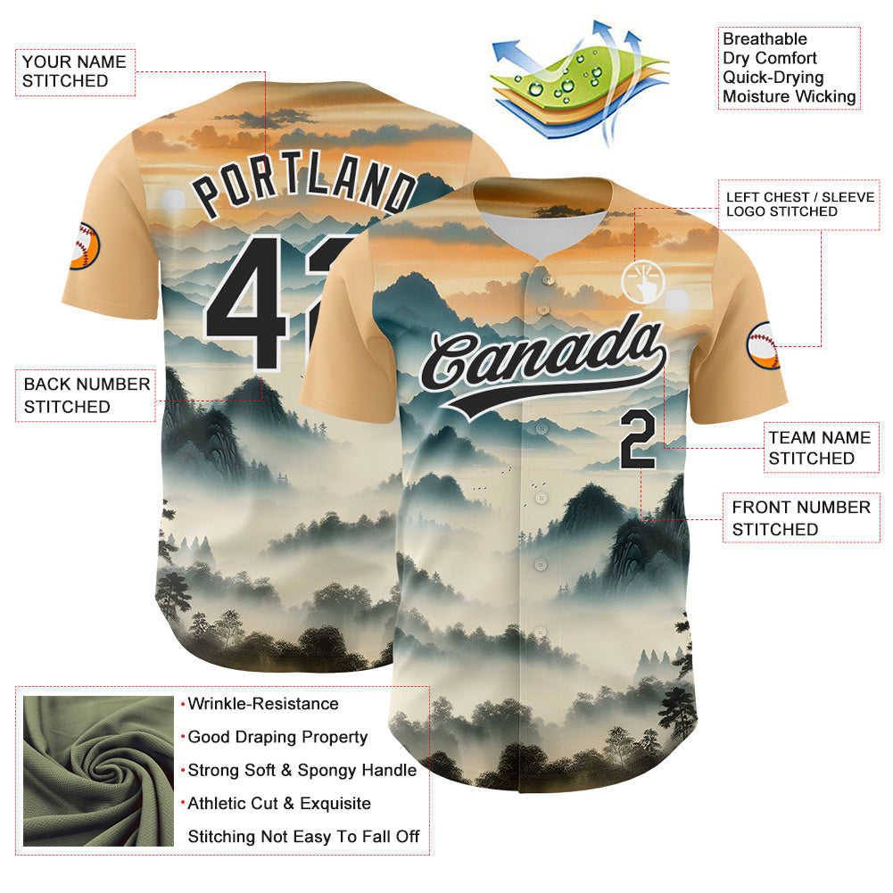 Custom White Black 3D Pattern Design Mountains Landscape Authentic Baseball Jersey baseball jersey product view 3