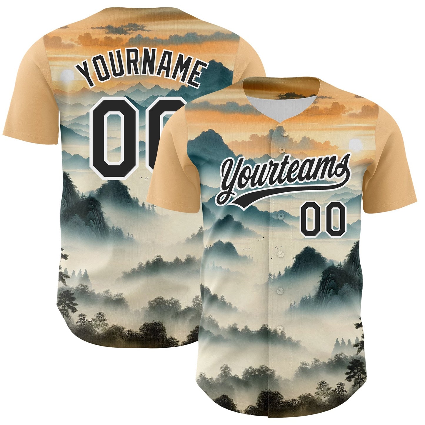 Custom White Black 3D Pattern Design Mountains Landscape Authentic Baseball Jersey baseball jersey product view 1