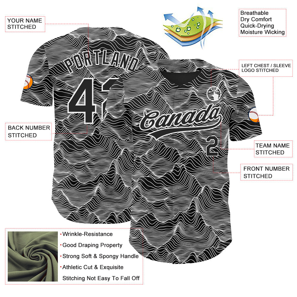 Custom Black White 3D Pattern Design Abstract Mountains Authentic Baseball Jersey baseball jersey product view 3