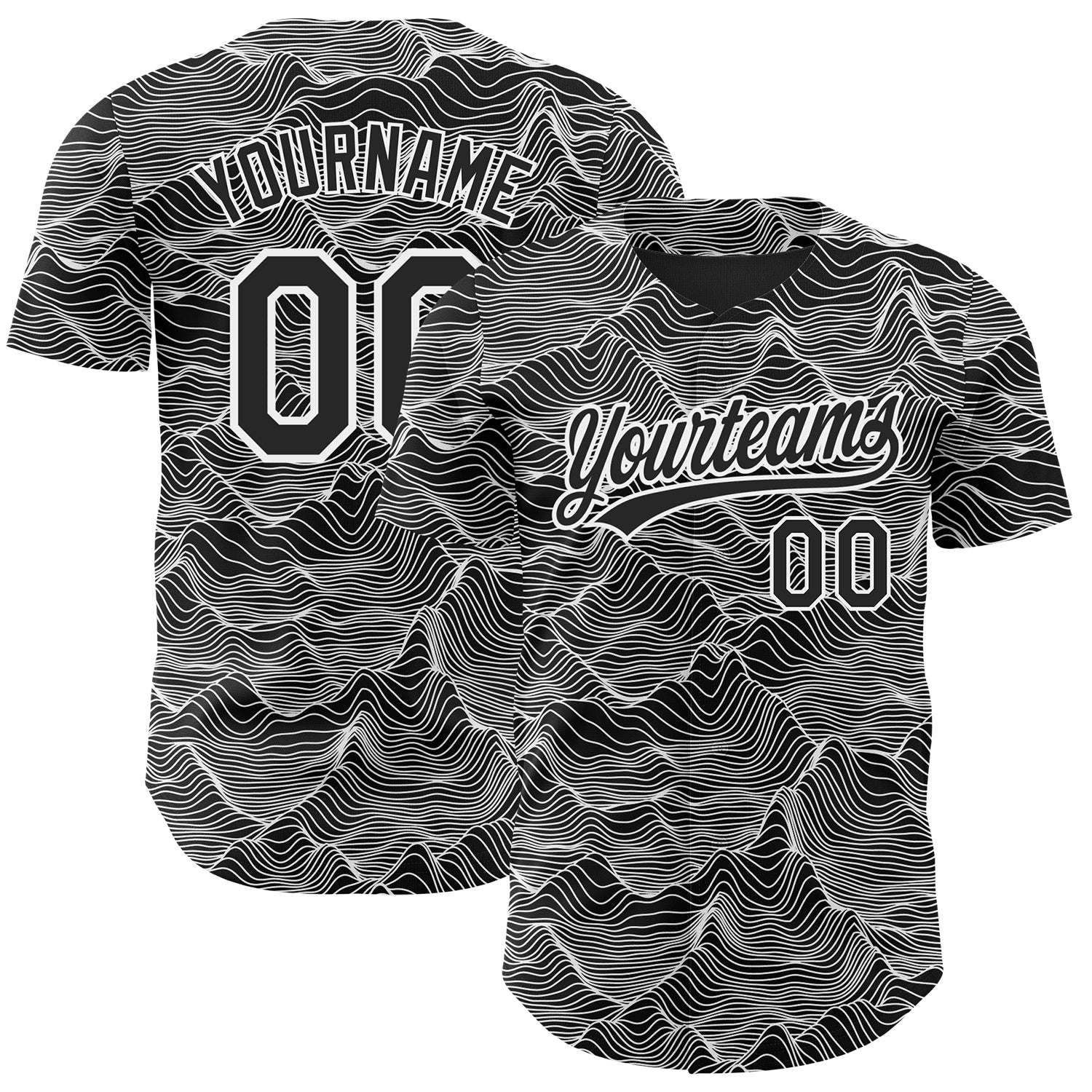 Custom Black White 3D Pattern Design Abstract Mountains Authentic Baseball Jersey baseball jersey product view 1