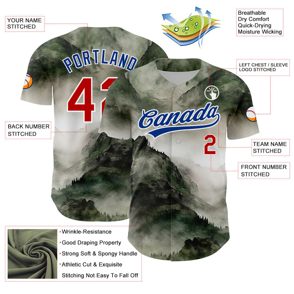 Custom White Red-Royal 3D Pattern Design Mountains Landscape Authentic Baseball Jersey baseball jersey product view 3