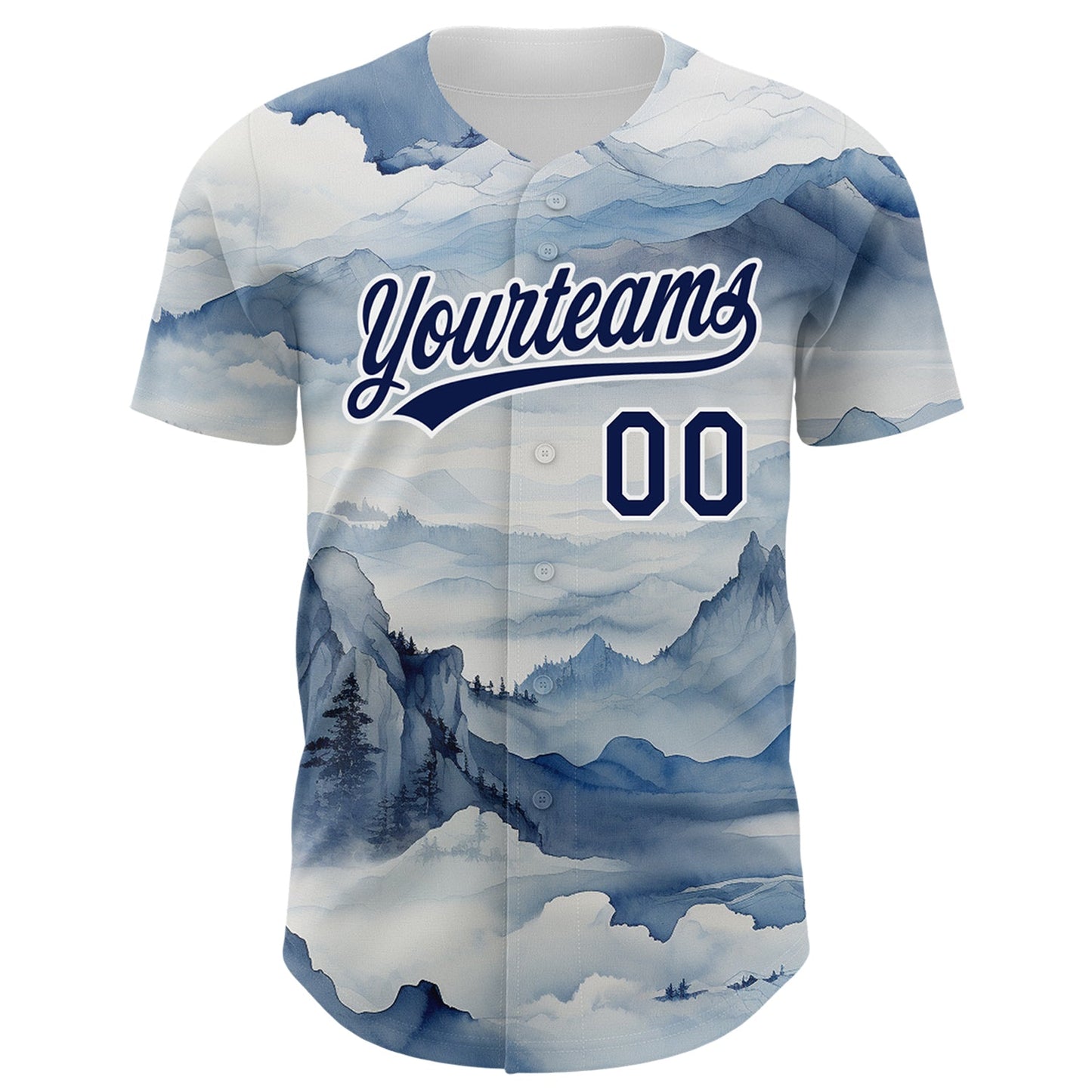 Custom White Navy 3D Pattern Design Mountains Landscape Authentic Baseball Jersey baseball jersey product view 2