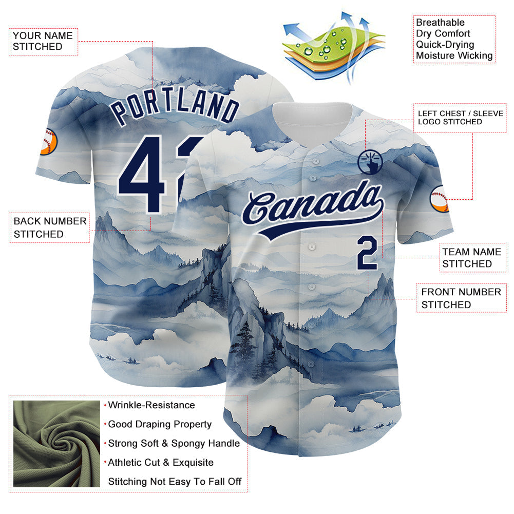 Custom White Navy 3D Pattern Design Mountains Landscape Authentic Baseball Jersey baseball jersey product view 3