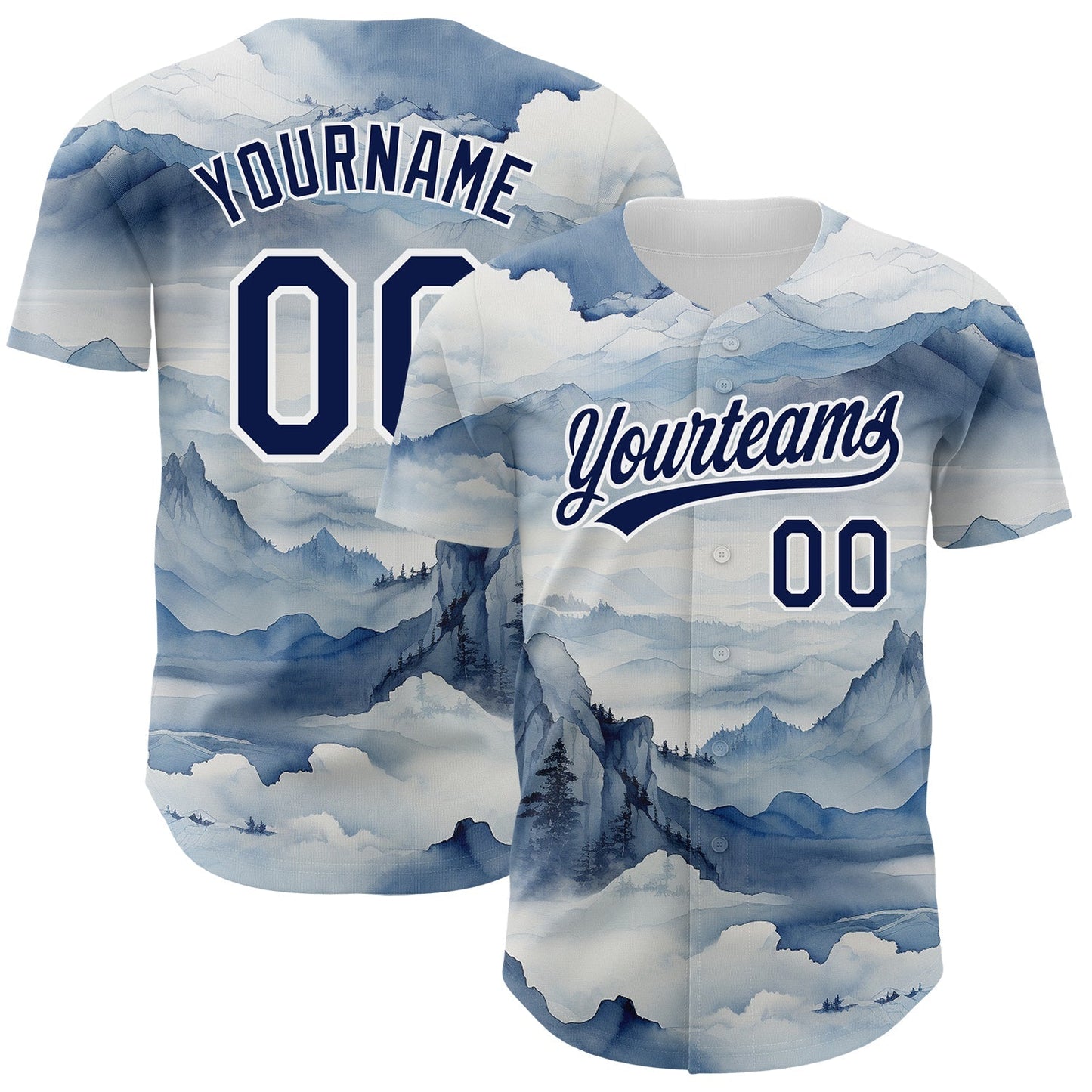 Custom White Navy 3D Pattern Design Mountains Landscape Authentic Baseball Jersey baseball jersey product view 1