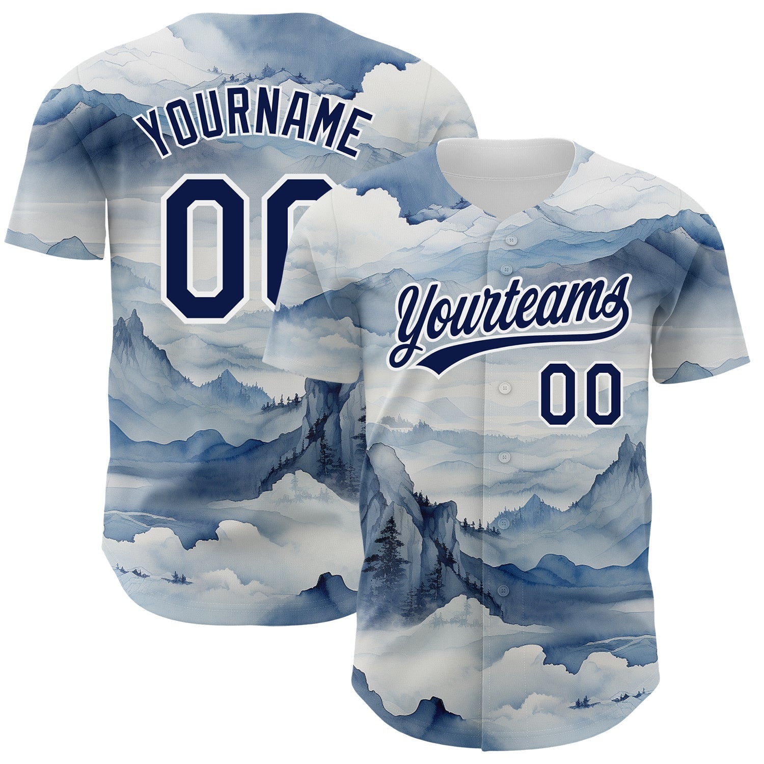 Custom White Navy 3D Pattern Design Mountains Landscape Authentic Baseball Jersey baseball jersey product view 1