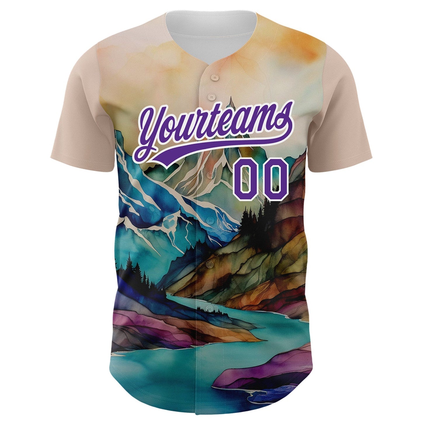 Custom White Purple 3D Pattern Design Mountains Landscape Authentic Baseball Jersey baseball jersey product view 2