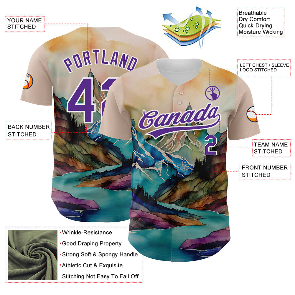 Custom White Purple 3D Pattern Design Mountains Landscape Authentic Baseball Jersey baseball jersey product view 3