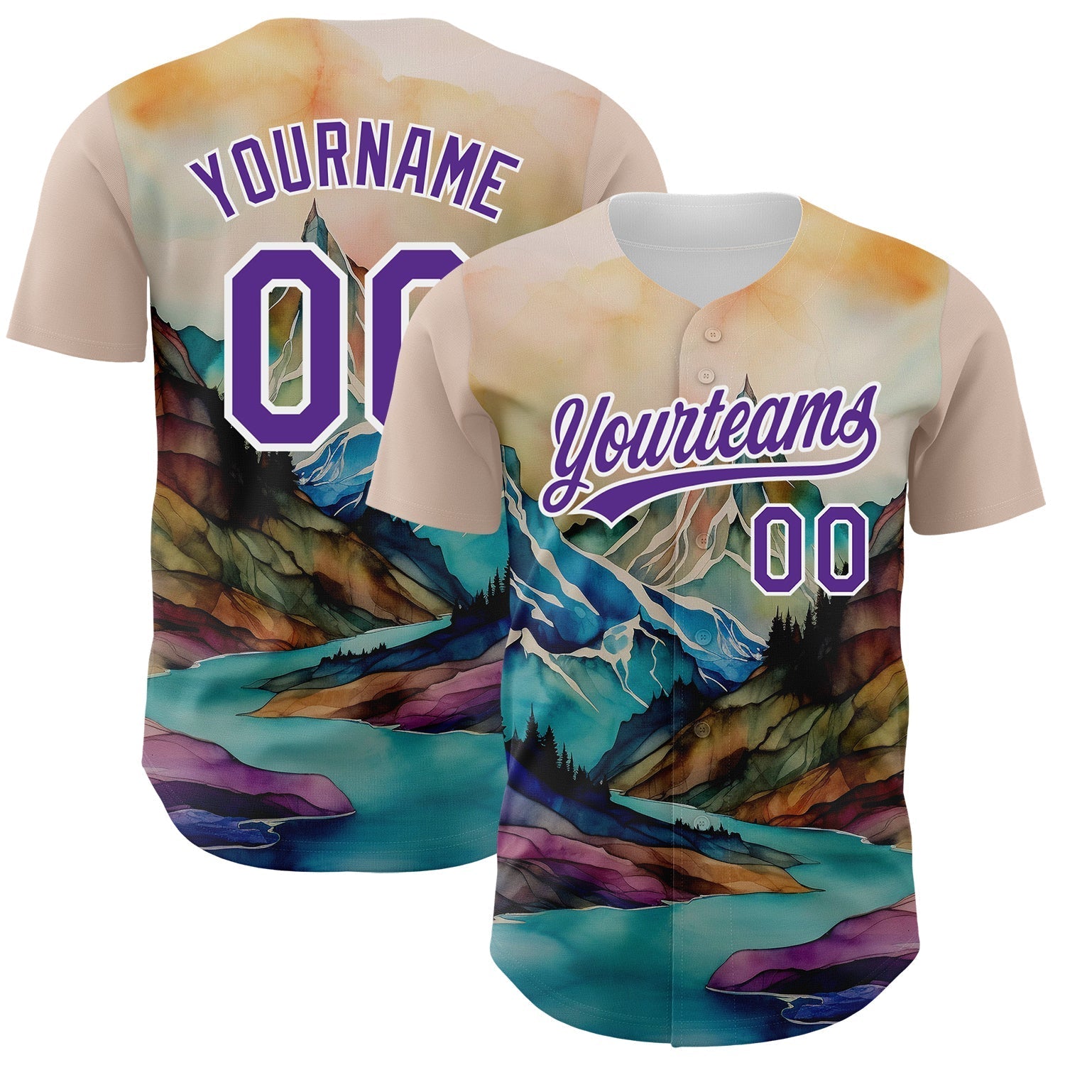 Custom White Purple 3D Pattern Design Mountains Landscape Authentic Baseball Jersey baseball jersey product view 1