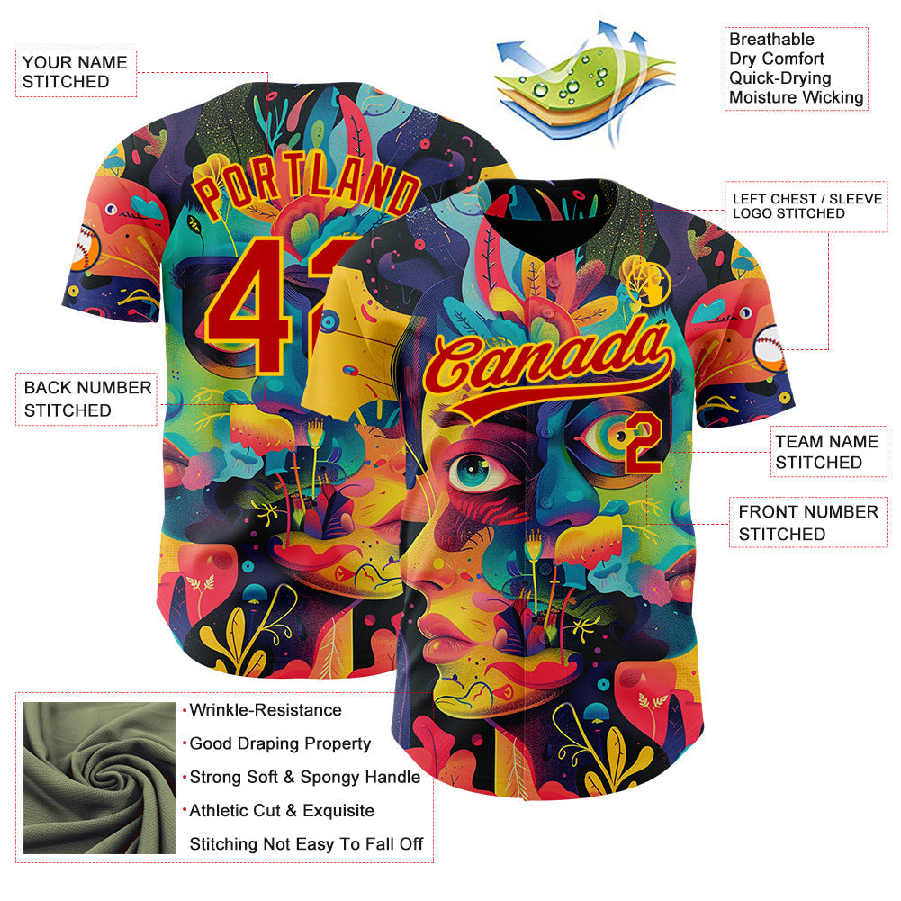 Custom Black Red-Yellow 3D Pattern Design Abstract Painting Authentic Baseball Jersey baseball jersey product view 3