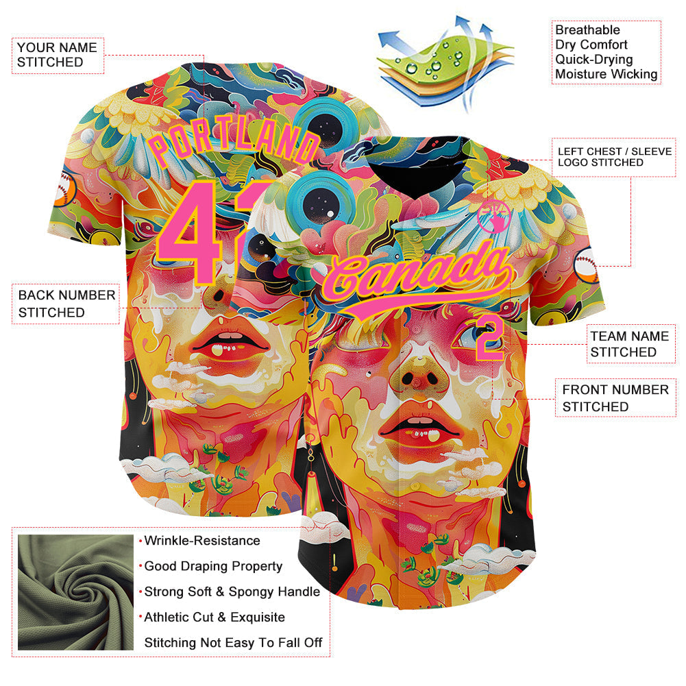 Custom Red Pink-Yellow 3D Pattern Design Abstract Painting Authentic Baseball Jersey baseball jersey product view 3