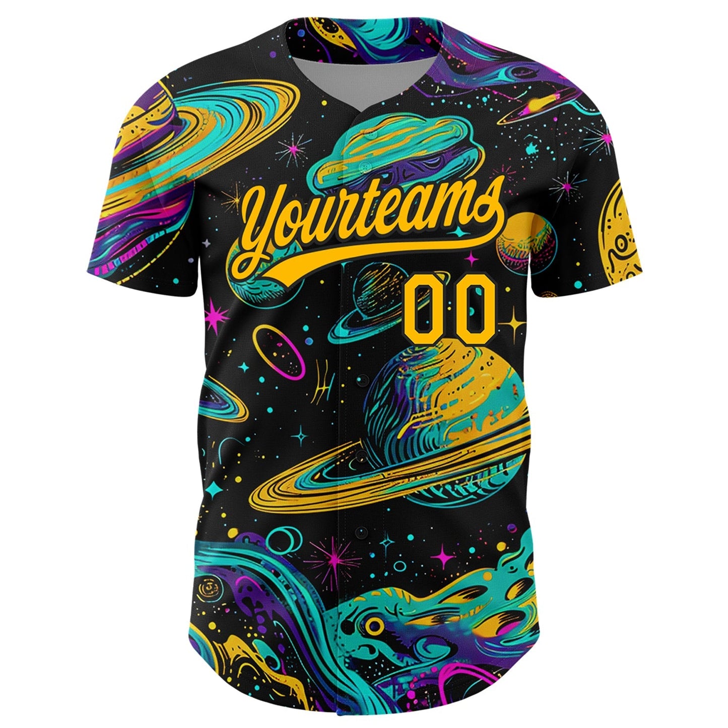 Custom Black Gold 3D Pattern Design Space With Planets And Stars Authentic Baseball Jersey baseball jersey product view 2