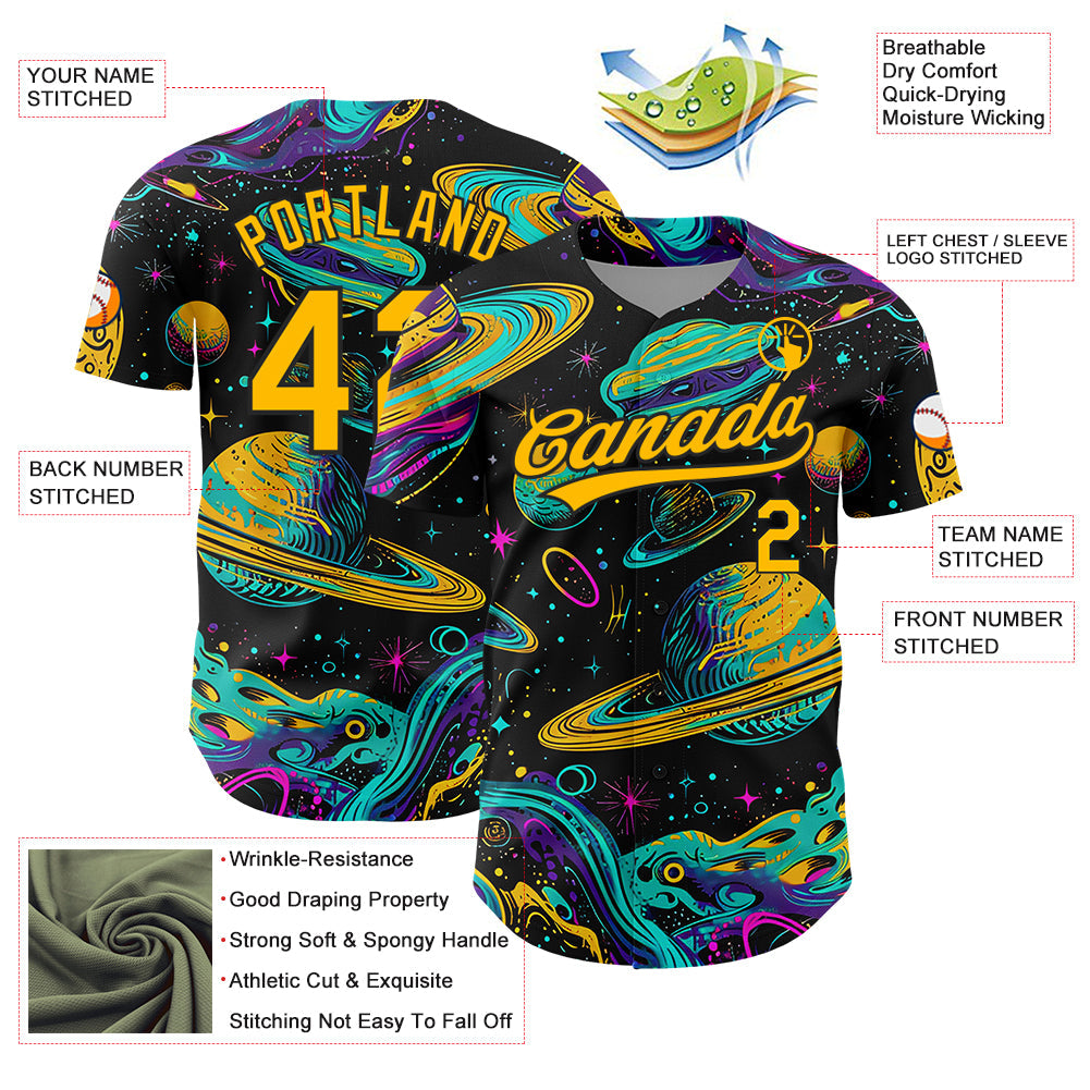Custom Black Gold 3D Pattern Design Space With Planets And Stars Authentic Baseball Jersey baseball jersey product view 3