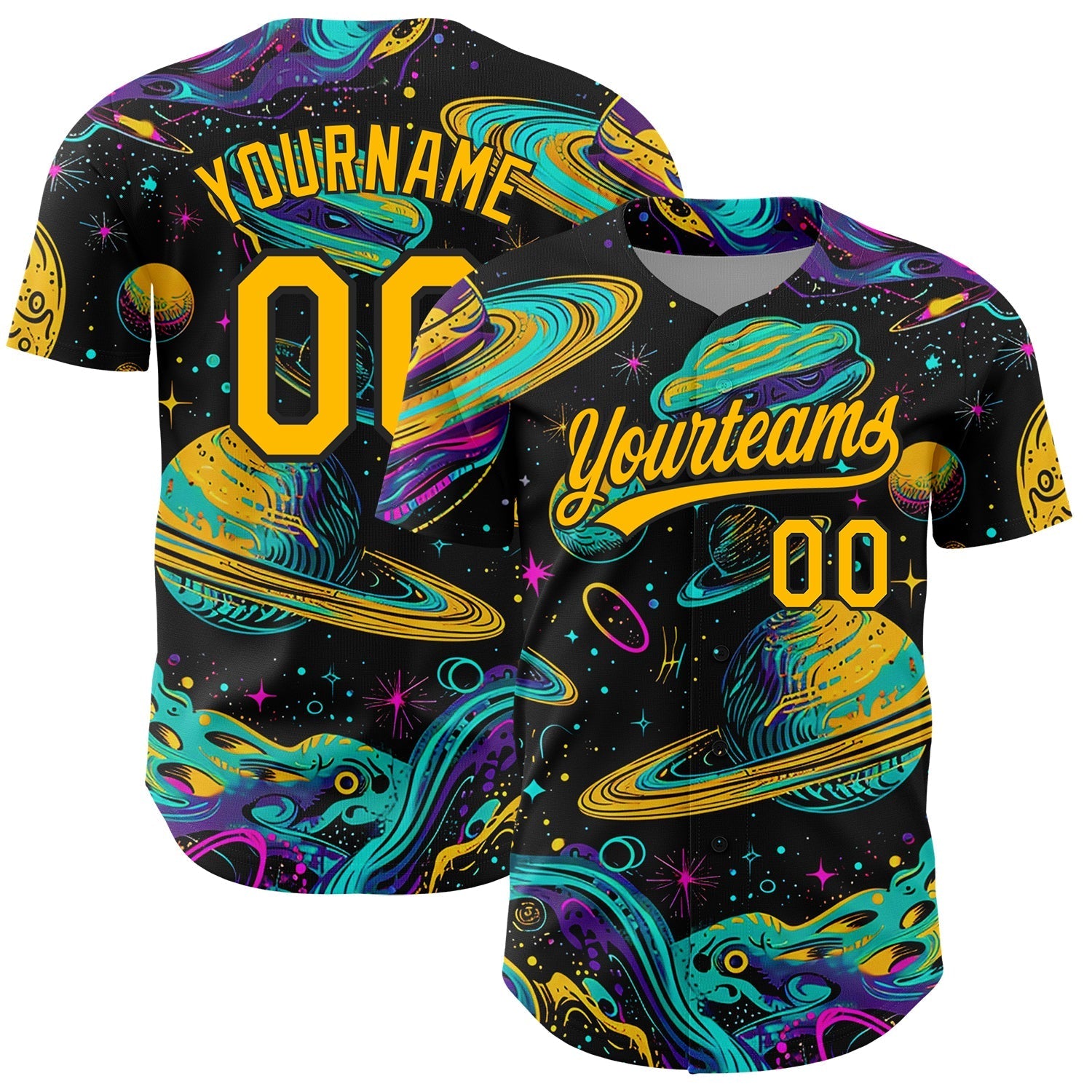 Custom Black Gold 3D Pattern Design Space With Planets And Stars Authentic Baseball Jersey baseball jersey product view 1