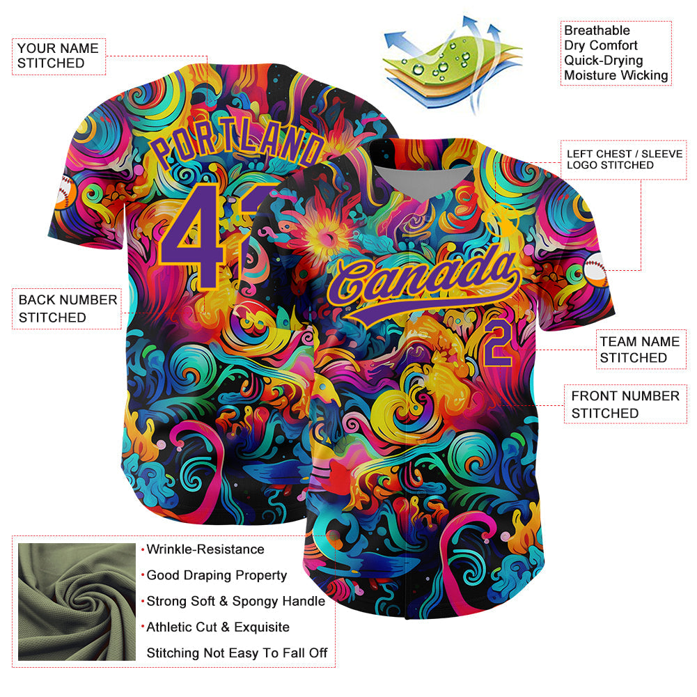 Custom Black Purple-Gold 3D Pattern Design Abstract Painting Authentic Baseball Jersey baseball jersey product view 3
