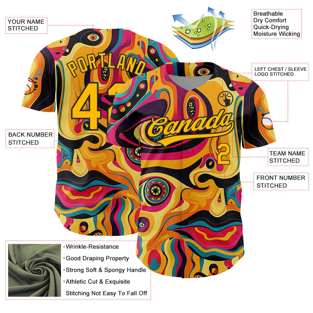 Custom Gold Black 3D Pattern Design Abstract Painting Authentic Baseball Jersey baseball jersey product view 3