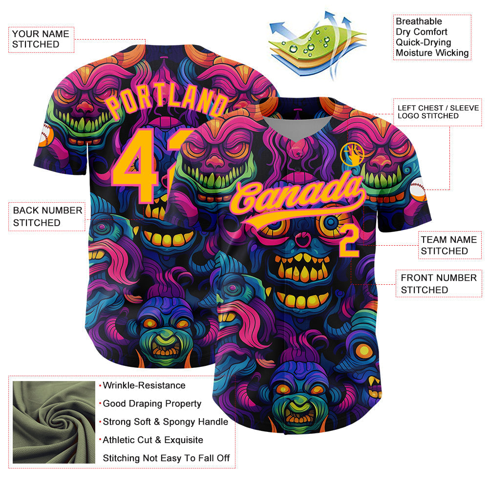 Custom Black Gold-Pink 3D Pattern Design Abstract Monsters Authentic Baseball Jersey baseball jersey product view 3