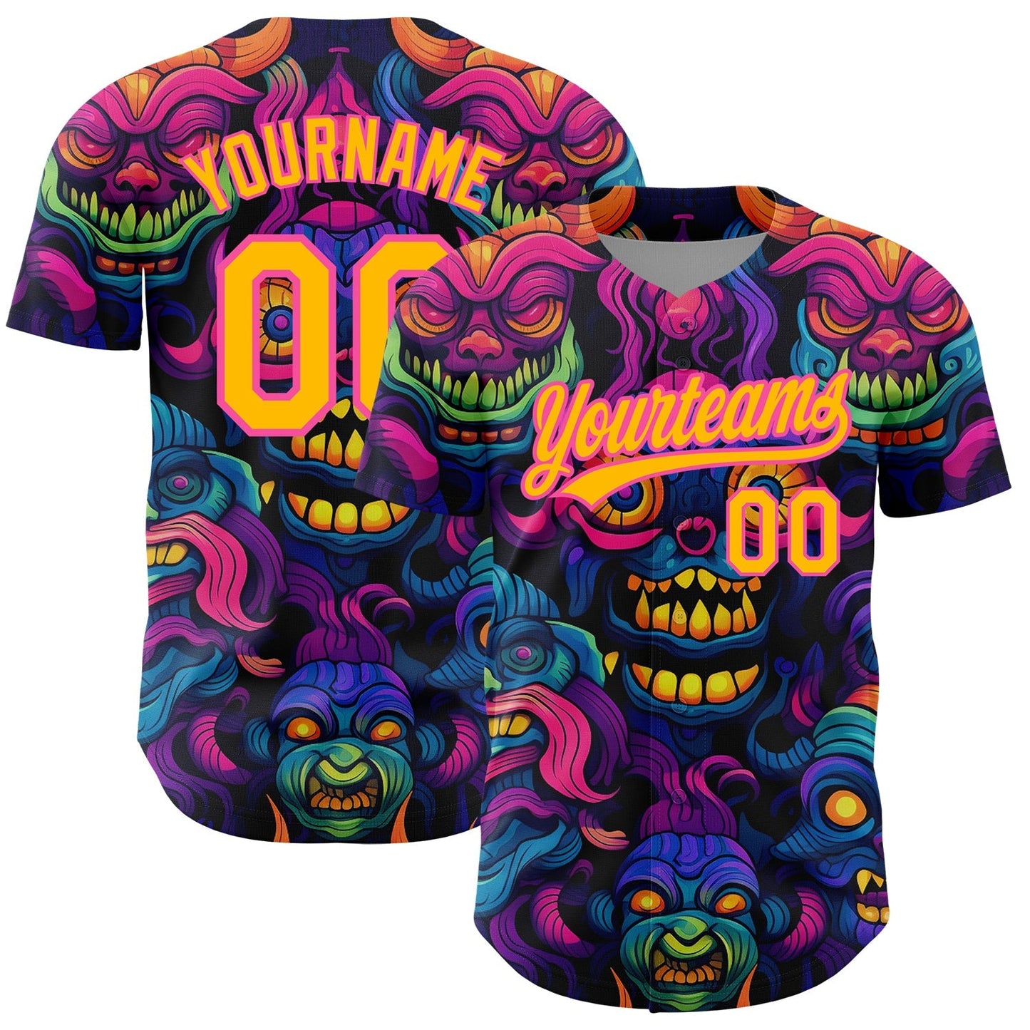 Custom Black Gold-Pink 3D Pattern Design Abstract Monsters Authentic Baseball Jersey baseball jersey product view 1