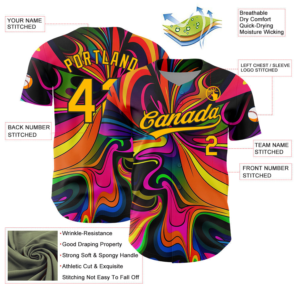Custom Black Gold 3D Pattern Design Abstract Painting Authentic Baseball Jersey baseball jersey product view 3
