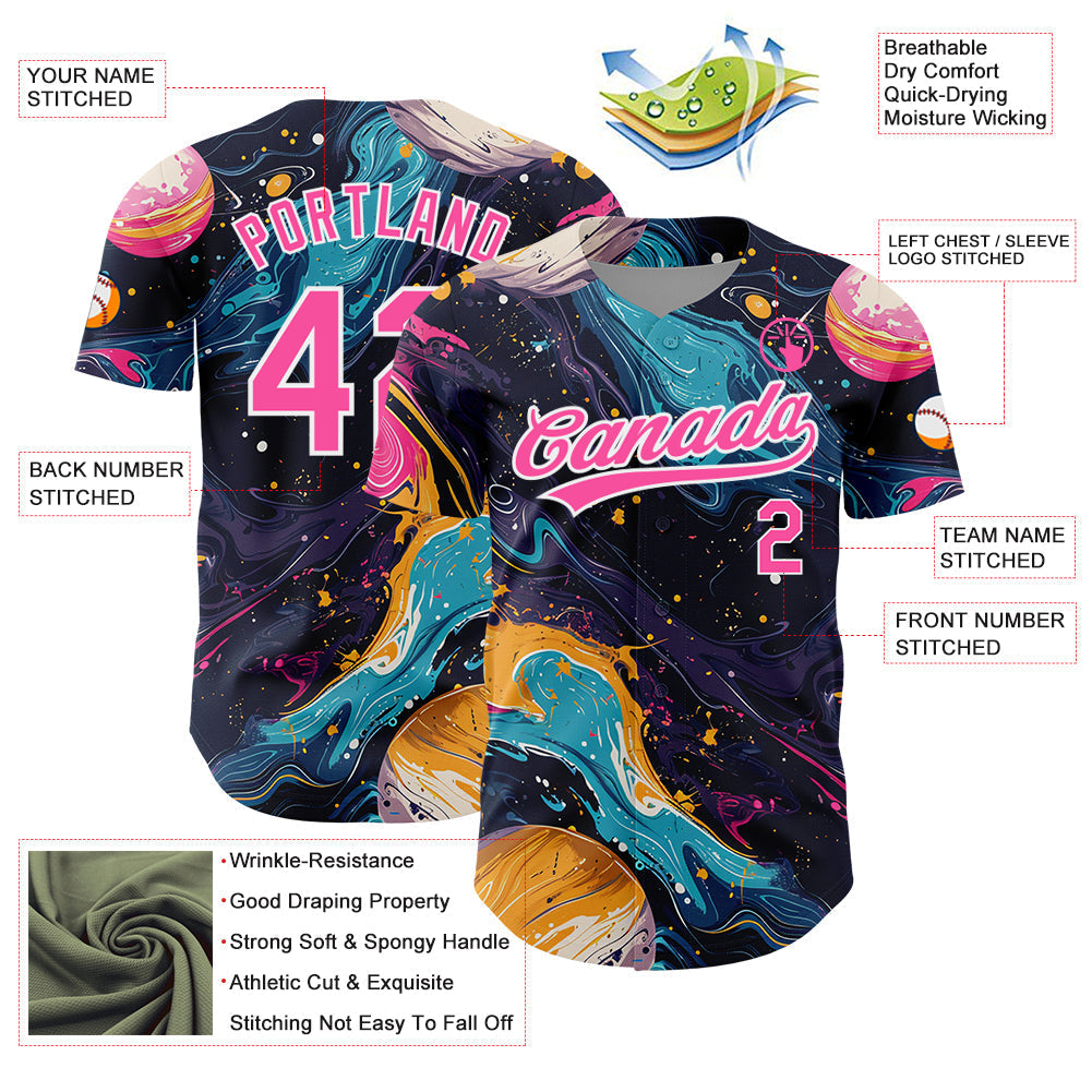 Custom Black Pink-White 3D Pattern Design Abstract Liquid Painting Authentic Baseball Jersey baseball jersey product view 3