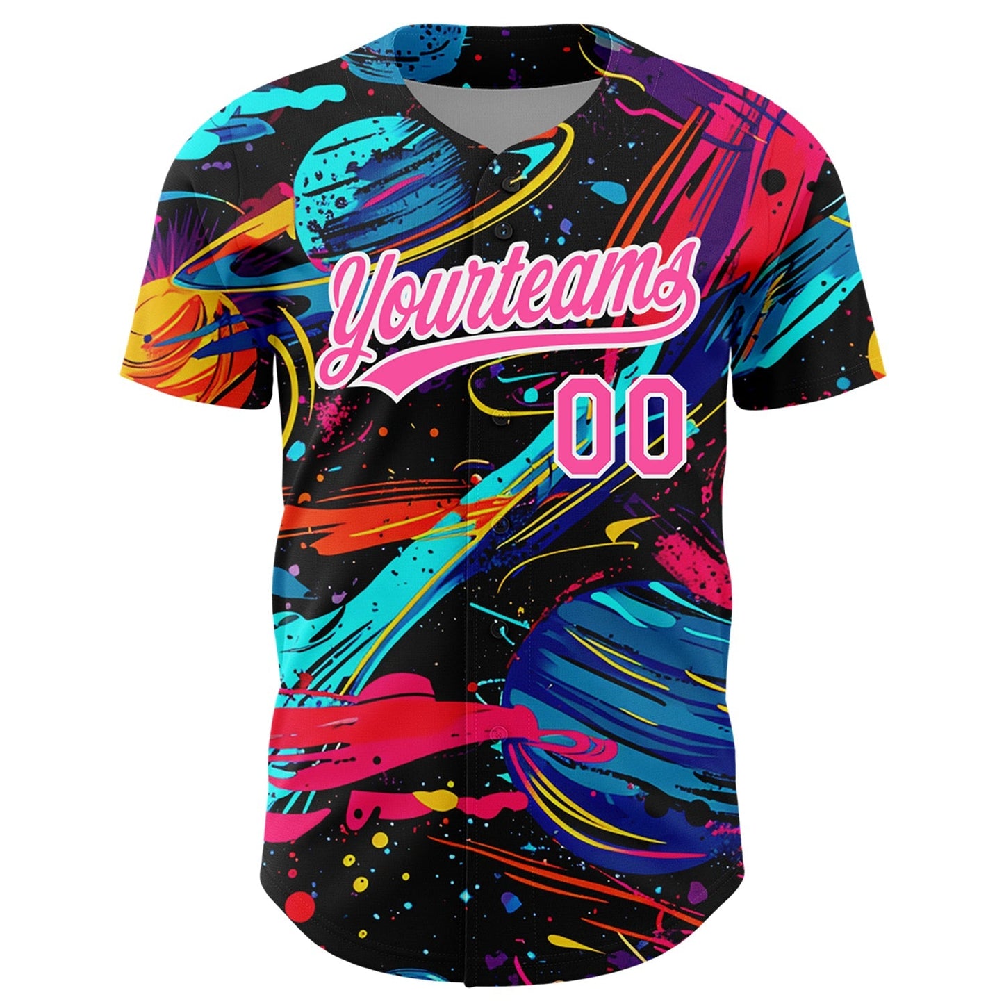 Custom Black Pink-White 3D Pattern Design Space With Planets And Rockets Authentic Baseball Jersey baseball jersey product view 2