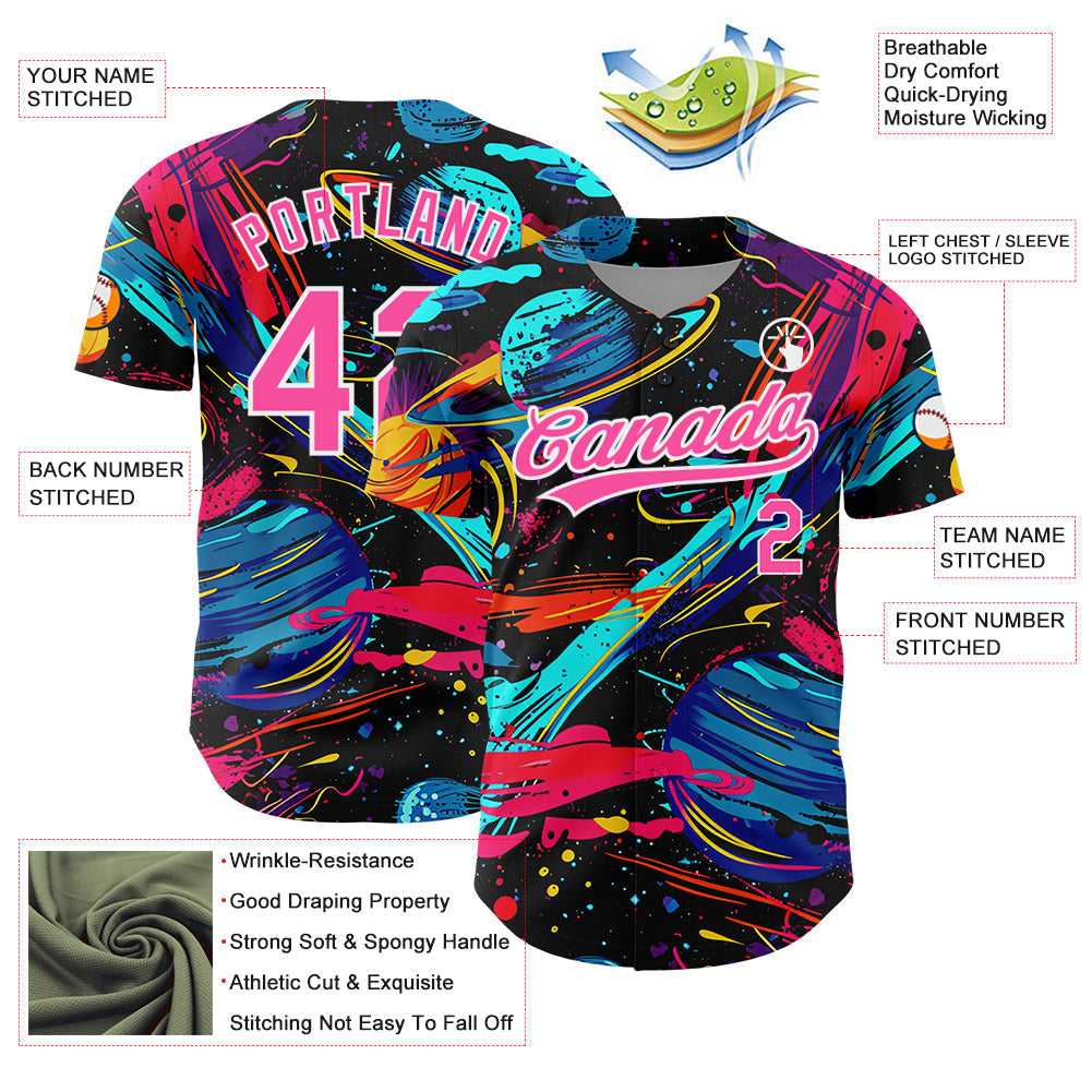 Custom Black Pink-White 3D Pattern Design Space With Planets And Rockets Authentic Baseball Jersey baseball jersey product view 3