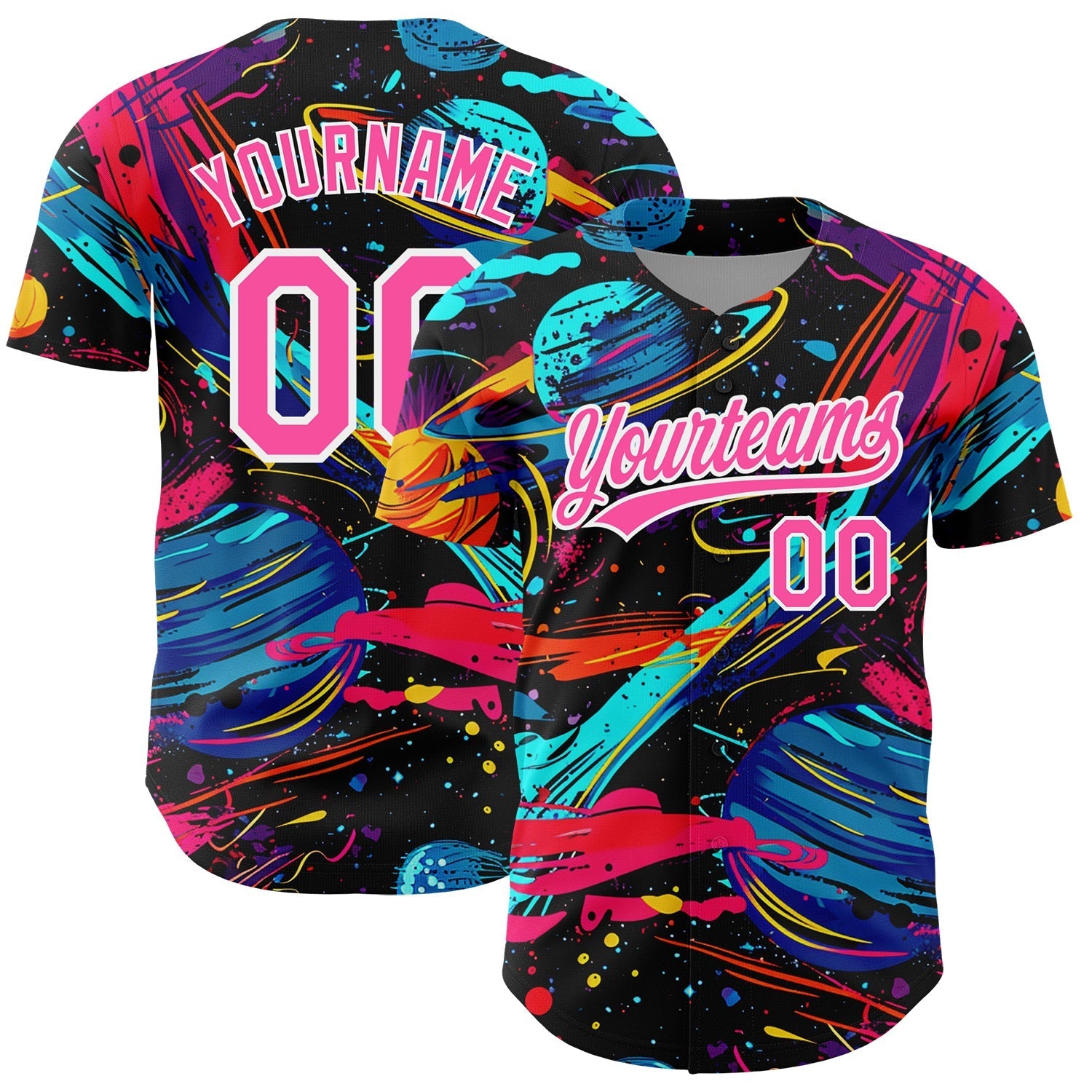 Custom Black Pink-White 3D Pattern Design Space With Planets And Rockets Authentic Baseball Jersey baseball jersey product view 1