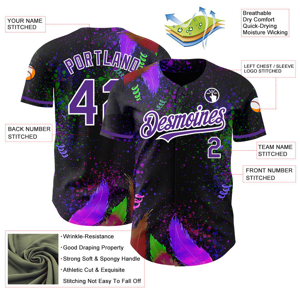 Custom Black Purple-White 3D Pattern Design Holi Festival Color Powder Authentic Baseball Jersey baseball jersey product view 3
