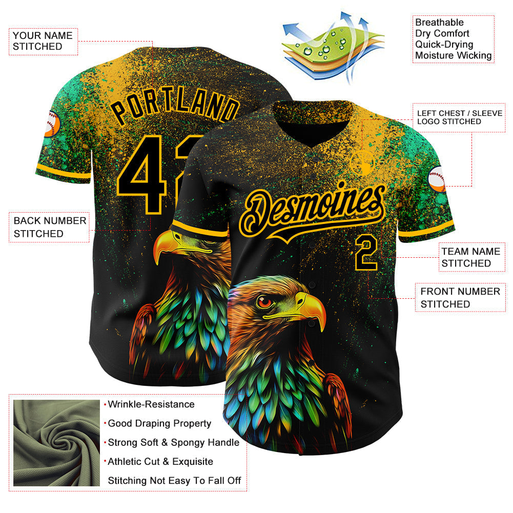 Custom Black Gold 3D Pattern Design Holi Festival Color Powder Authentic Baseball Jersey baseball jersey product view 3
