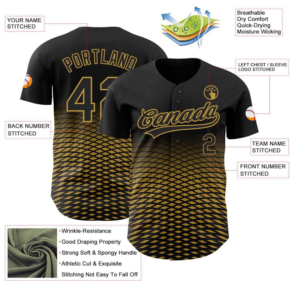 Custom Black Old Gold 3D Pattern Design Gradient Lines Authentic Baseball Jersey baseball jersey product view 3