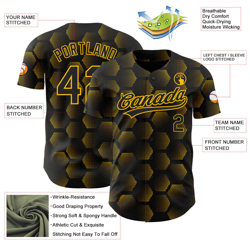 Custom Black Gold 3D Pattern Design Halftone Geometric Shapes Authentic Baseball Jersey baseball jersey product view 3