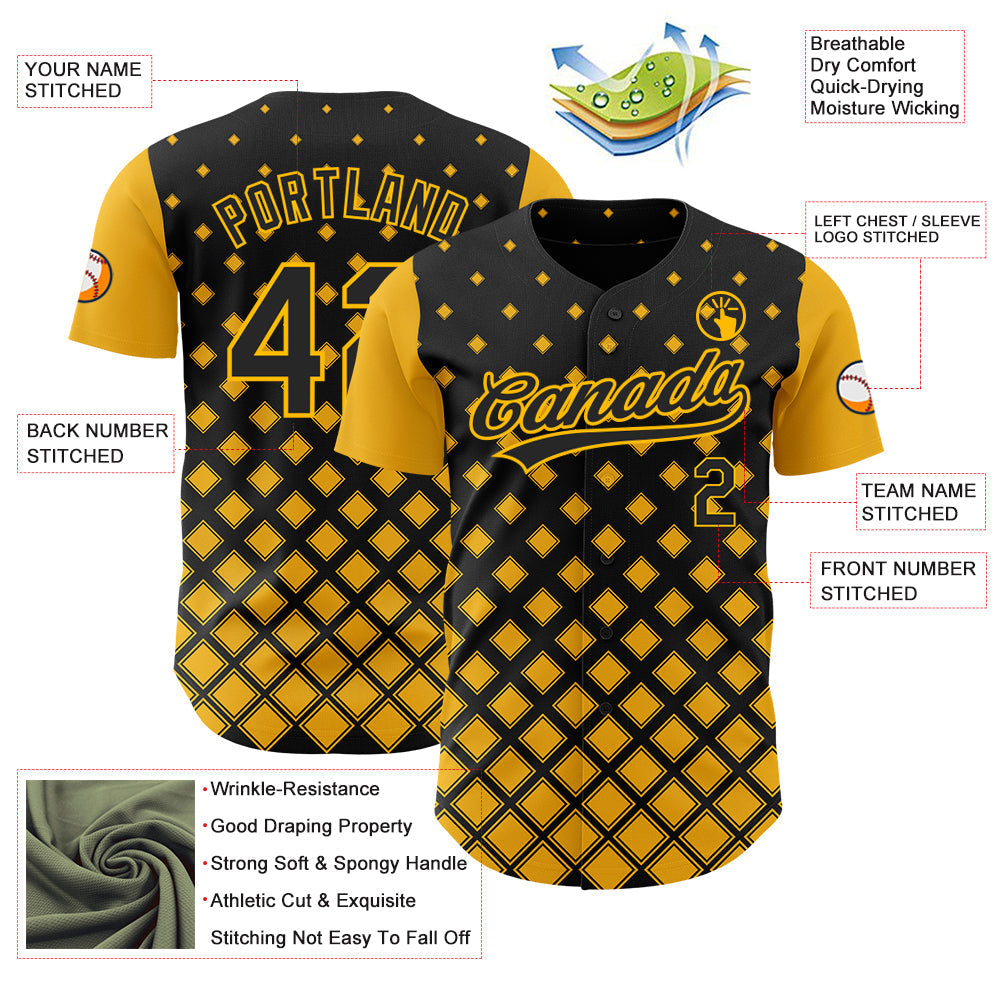 Custom Black Gold 3D Pattern Design Geometric Shapes Authentic Baseball Jersey baseball jersey product view 3