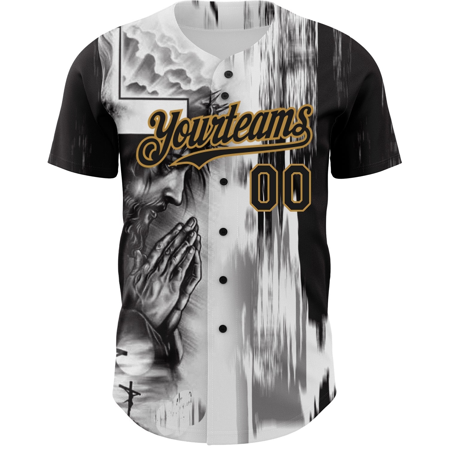 Custom White Black-Old Gold 3D Pattern Design Religion Jesus Christ Authentic Baseball Jersey baseball jersey product view 2