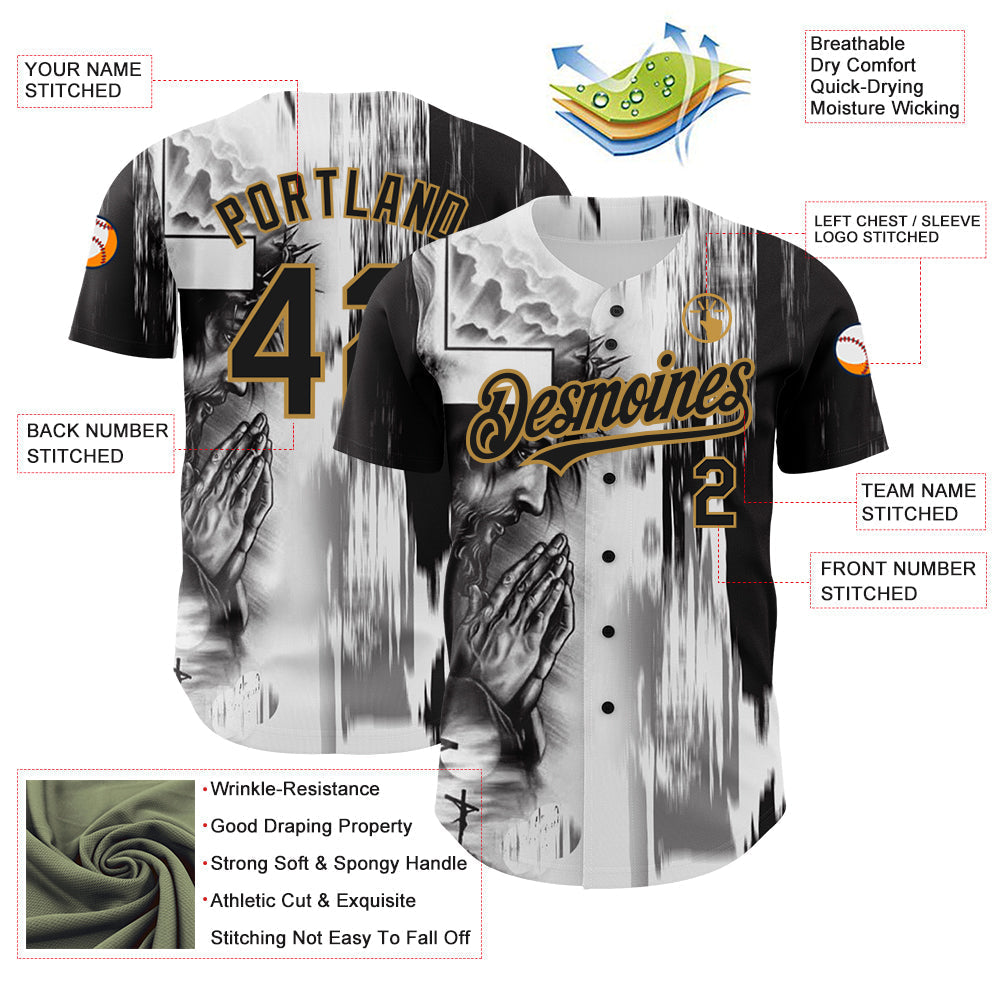 Custom White Black-Old Gold 3D Pattern Design Religion Jesus Christ Authentic Baseball Jersey baseball jersey product view 3