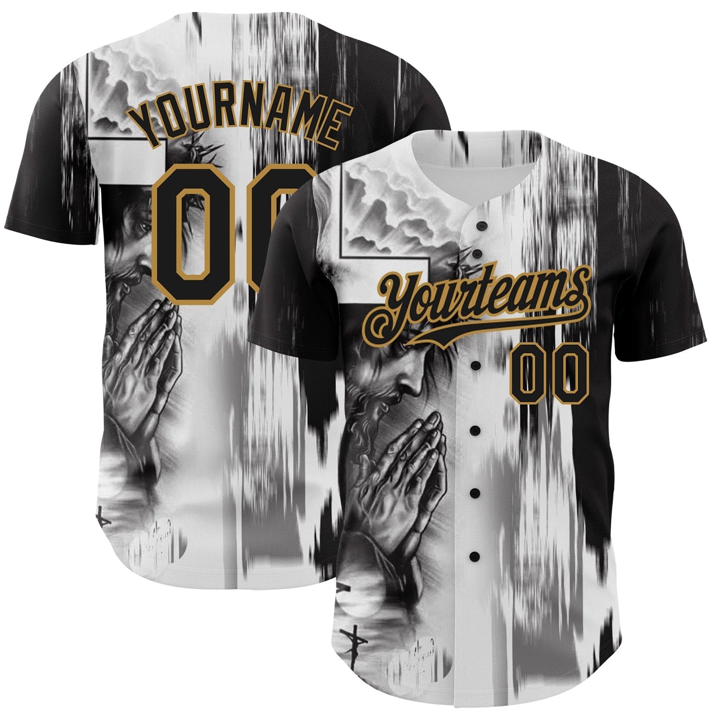 Custom White Black-Old Gold 3D Pattern Design Religion Jesus Christ Authentic Baseball Jersey baseball jersey product view 1