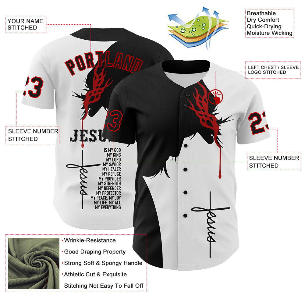 Custom White Black-Red 3D Pattern Design Religion Jesus Christ Authentic Baseball Jersey baseball jersey product view 3
