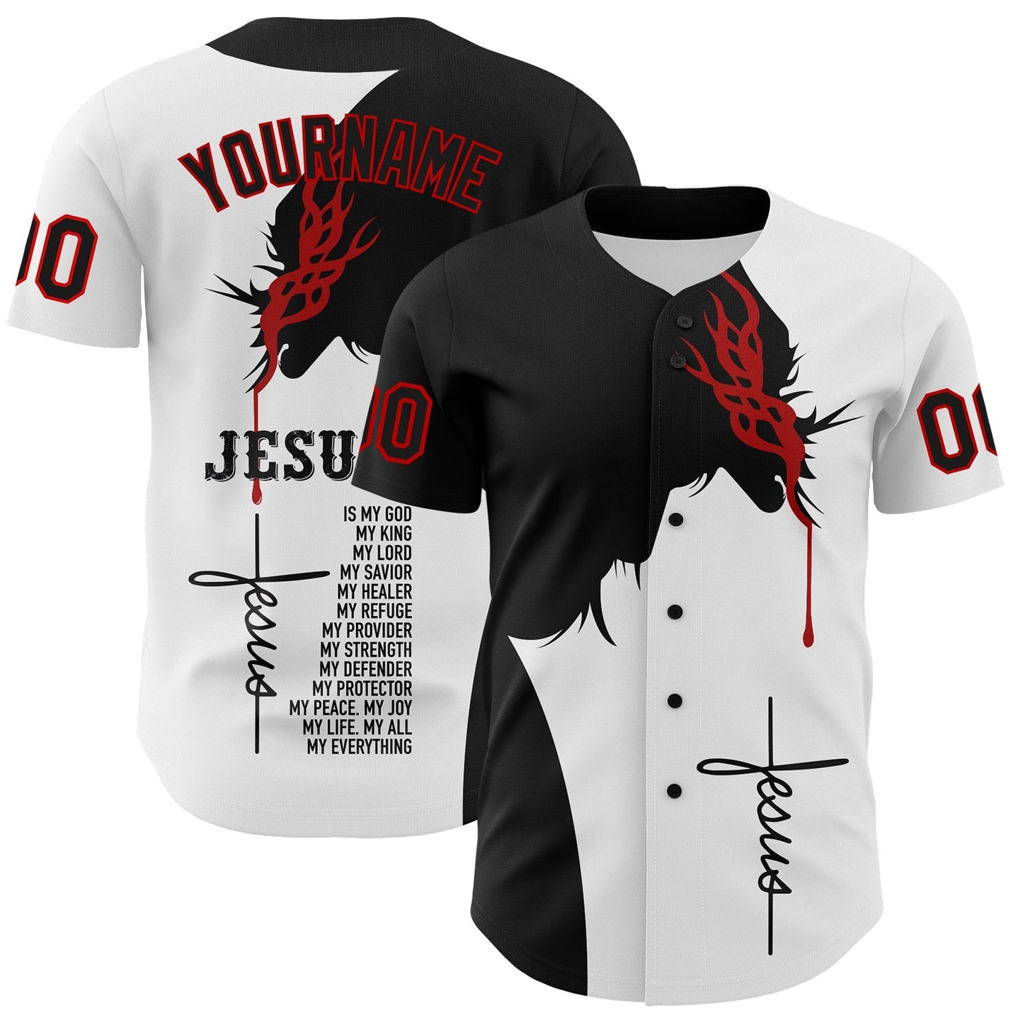 Custom White Black-Red 3D Pattern Design Religion Jesus Christ Authentic Baseball Jersey baseball jersey product view 1