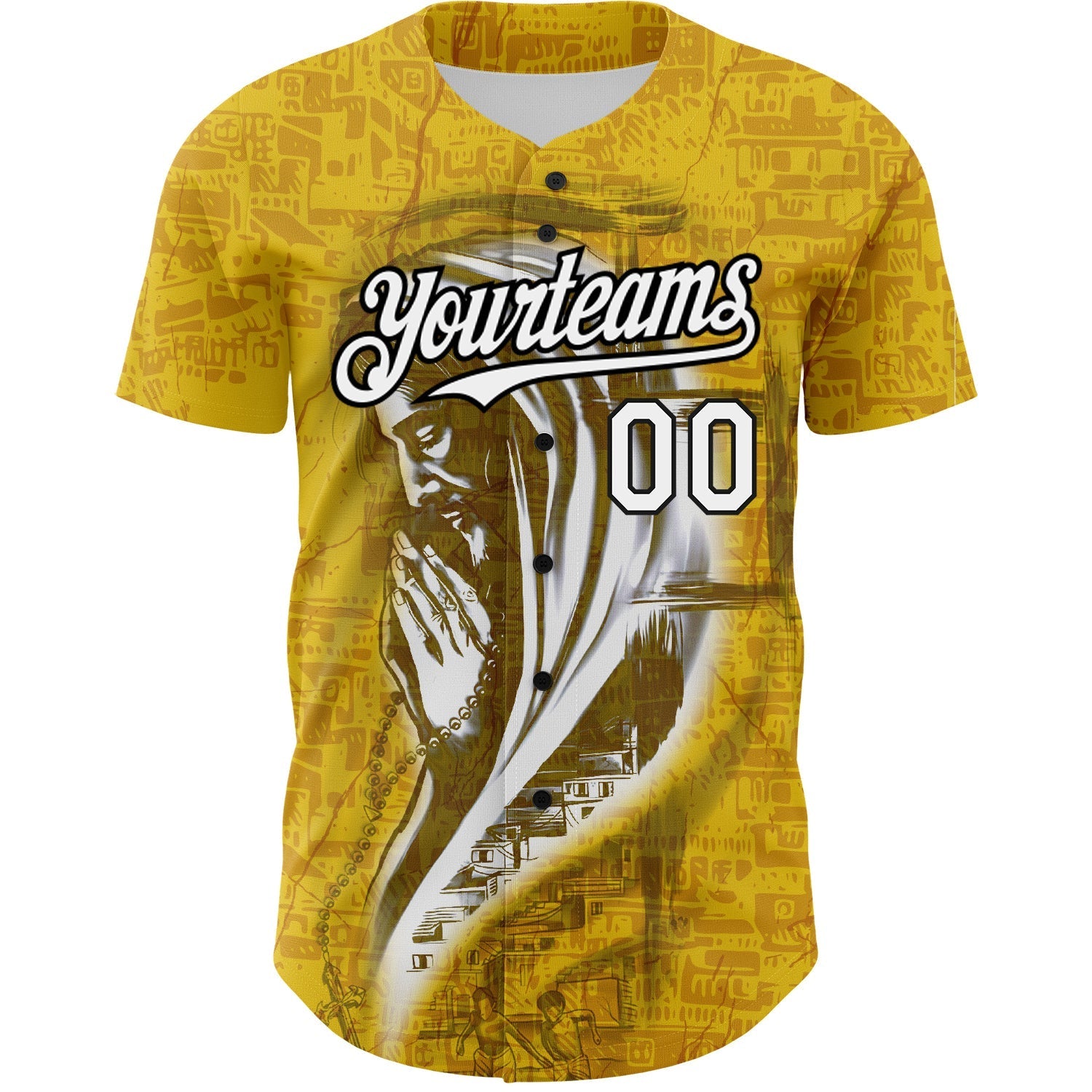 Custom Yellow White-Black 3D Pattern Design Religion Jesus Christ Authentic Baseball Jersey baseball jersey product view 2