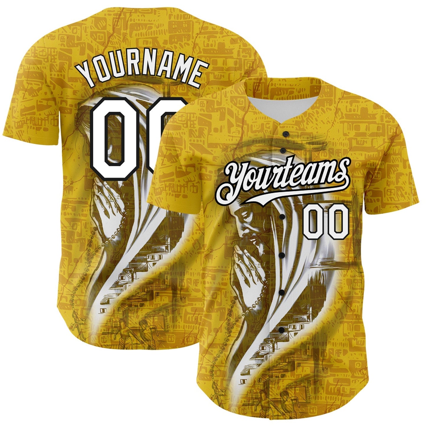 Custom Yellow White-Black 3D Pattern Design Religion Jesus Christ Authentic Baseball Jersey baseball jersey product view 1