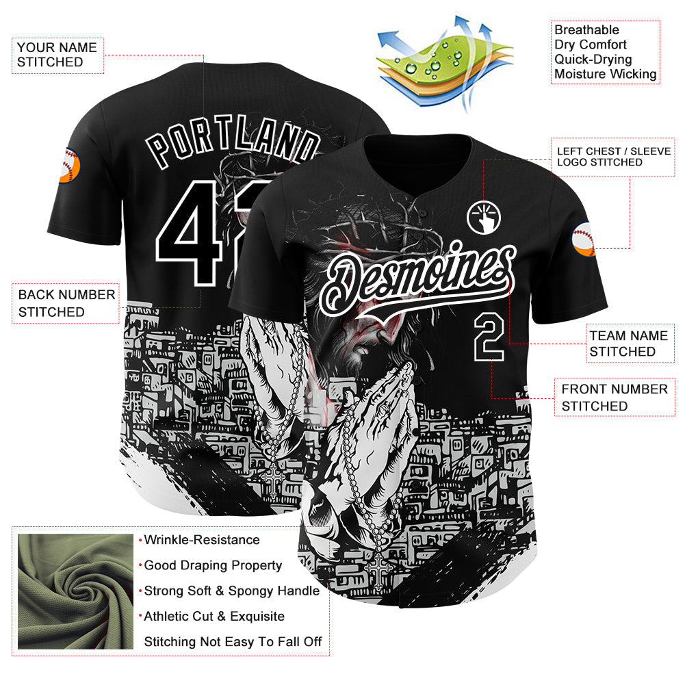 Custom Black White 3D Pattern Design Religion Jesus Christ Authentic Baseball Jersey baseball jersey product view 3