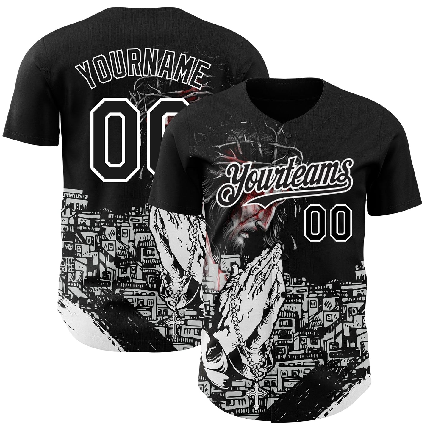 Custom Black White 3D Pattern Design Religion Jesus Christ Authentic Baseball Jersey baseball jersey product view 1