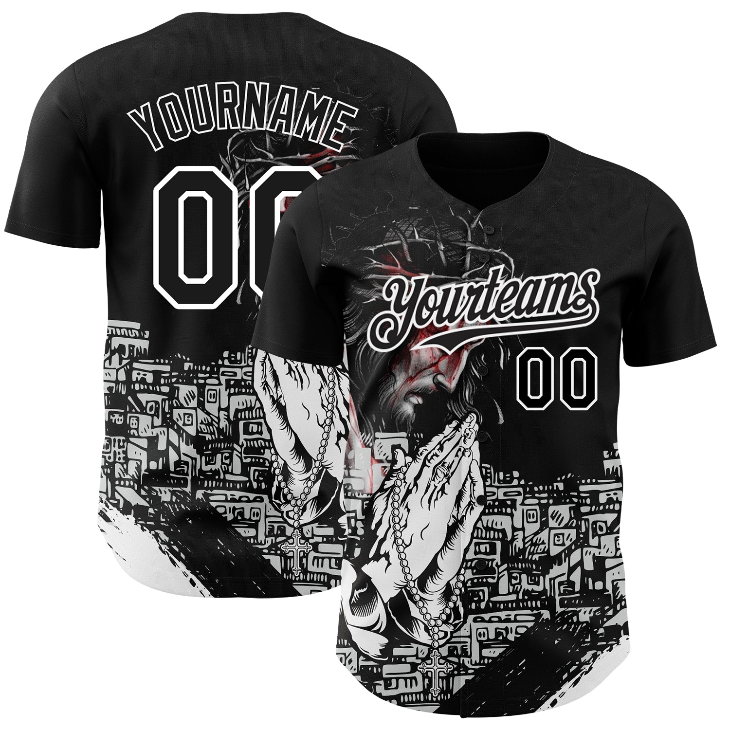 Custom Black White 3D Pattern Design Religion Jesus Christ Authentic Baseball Jersey baseball jersey product view 1