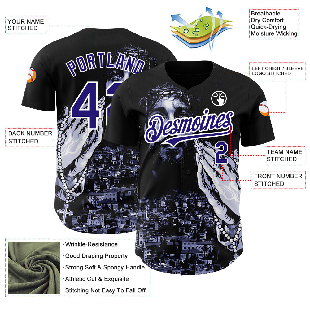 Custom Black Purple-White 3D Pattern Design Religion Jesus Christ Authentic Baseball Jersey baseball jersey product view 3