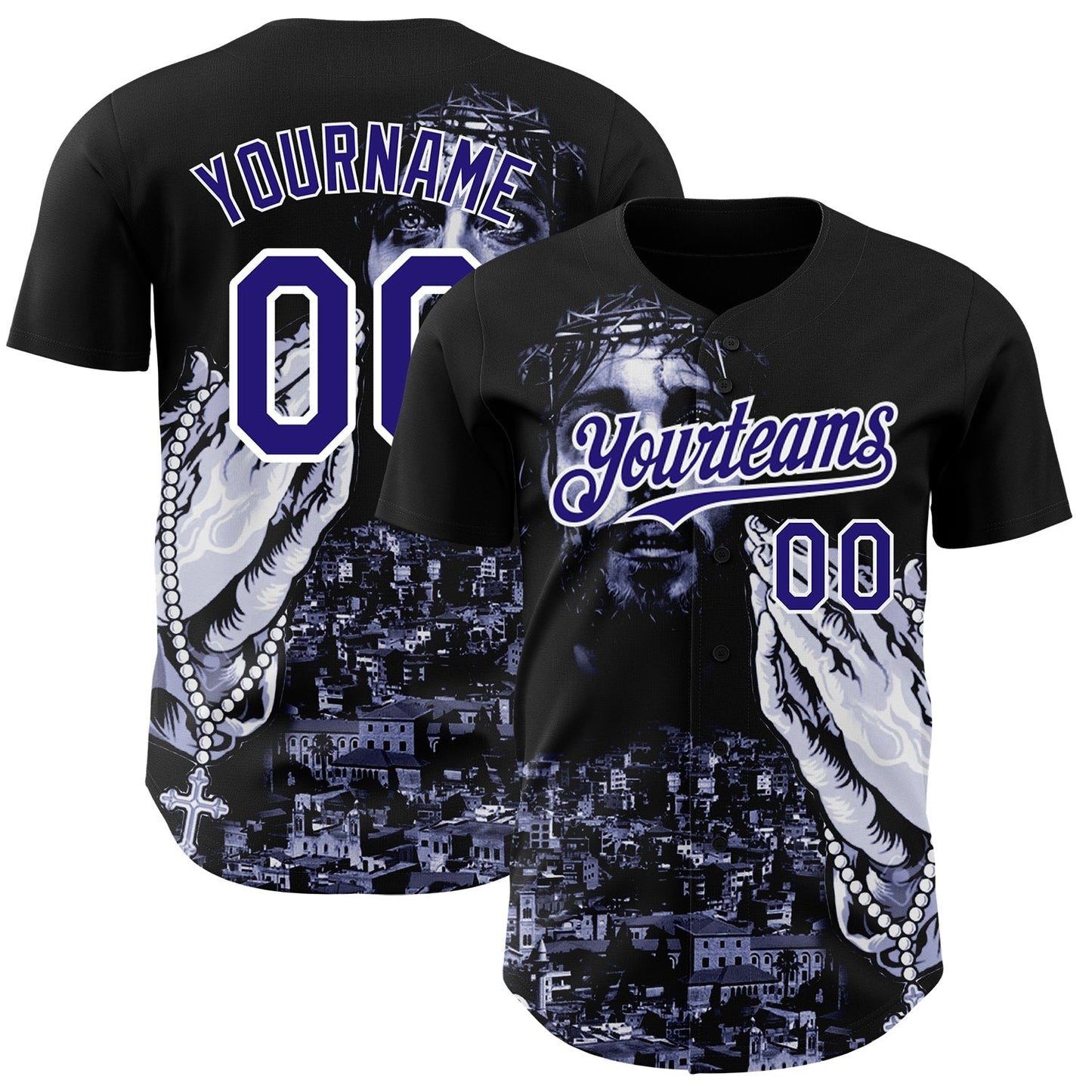 Custom Black Purple-White 3D Pattern Design Religion Jesus Christ Authentic Baseball Jersey baseball jersey product view 1