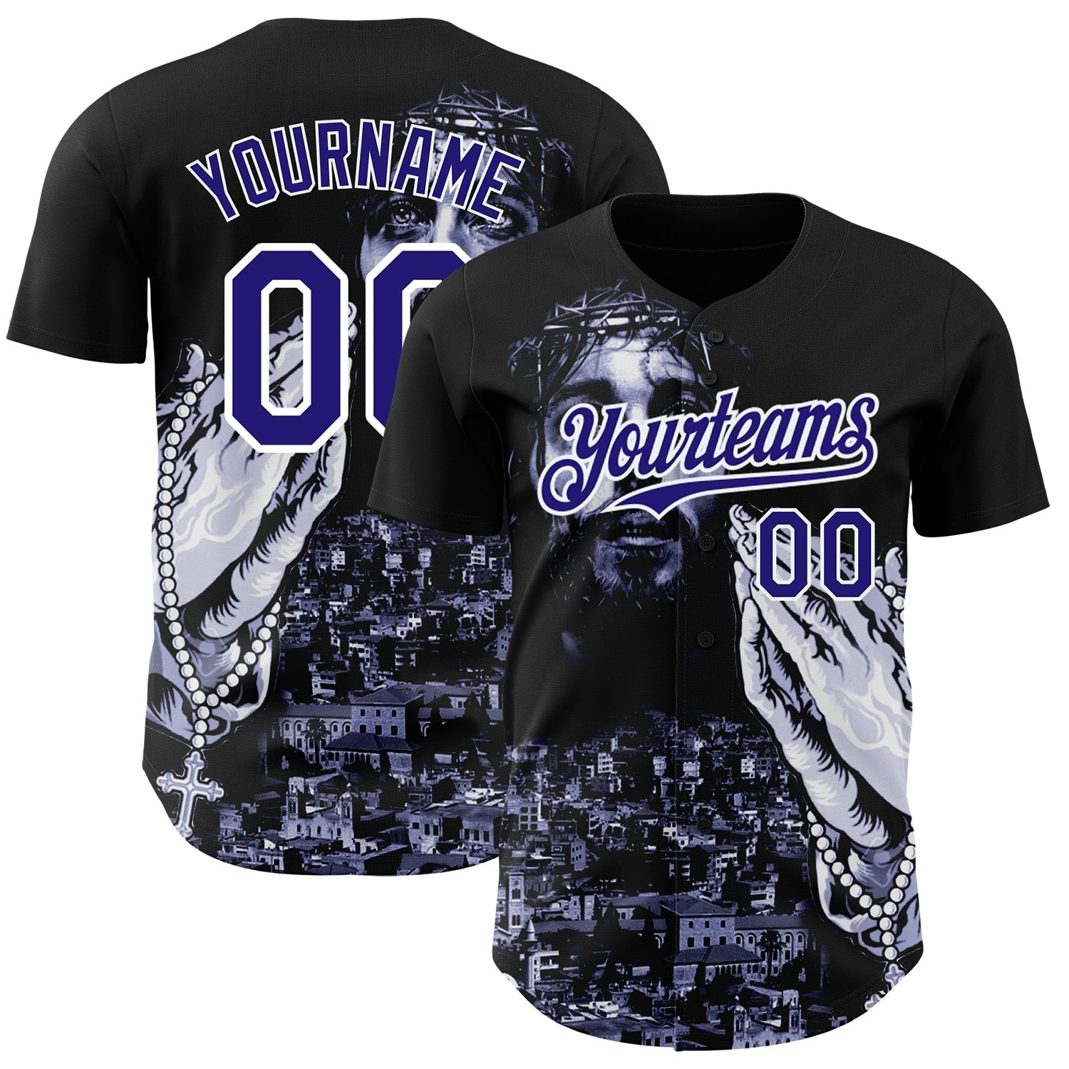 Custom Black Purple-White 3D Pattern Design Religion Jesus Christ Authentic Baseball Jersey baseball jersey product view 1